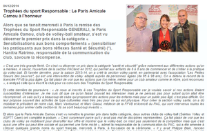 2014/2015 : Remise du Trophée  Sport & Santé  Générali Sport Responsable
Article FFVB